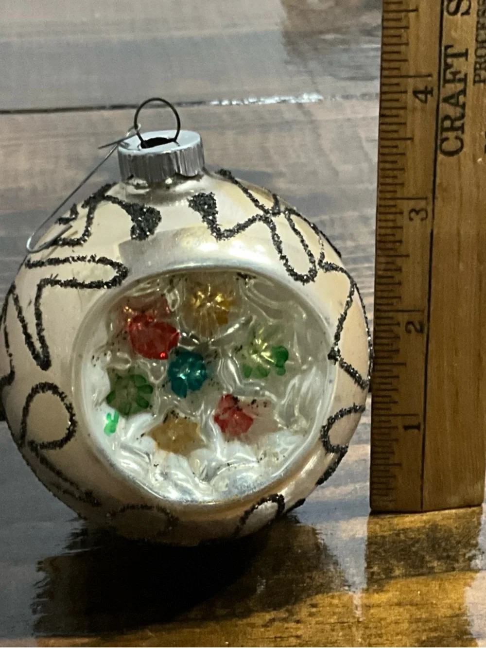 Vintage Large Shiny Brite Indented Glass Ornament Germany Black Mica Pattern MCM